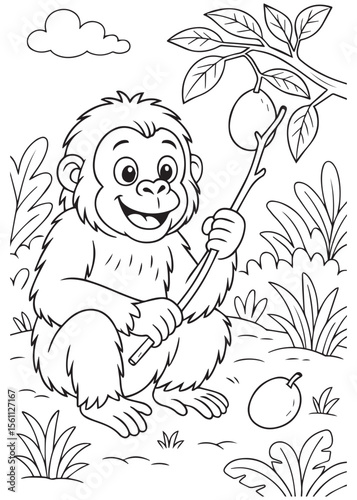 Coloring book of baby orangutan using stick to pick fruit from tree.