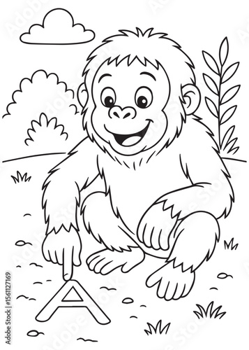 Coloring book of baby orangutan writing letter A on the ground.