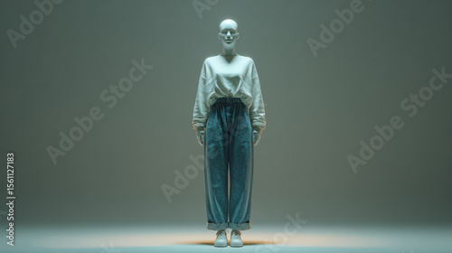 Mannequin wearing casual outfit consisting of light sweater and loose fitting jeans, standing against neutral background. soft lighting highlights