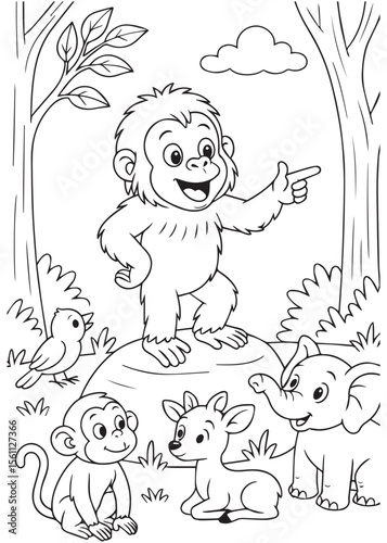 Coloring book of baby orangutan pointing while surrounded by forest animals.