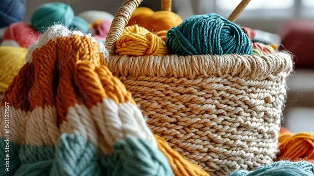 Close up of yarn balls in multiple colors in a wicker basket and a partially knitted item with striped patterns