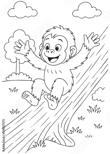 Coloring book of baby orangutan sliding down a tree trunk.