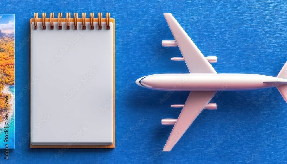 Fototapeta premium Travel planning, blank notebook, and airplane