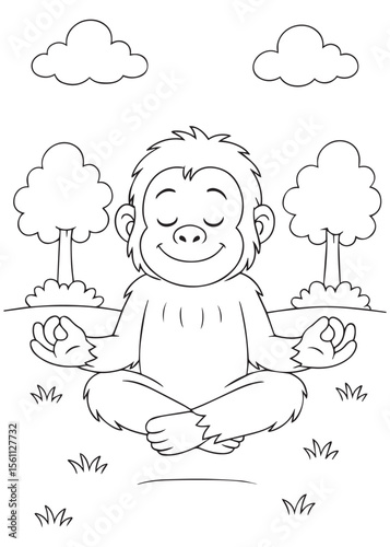 Coloring book of baby orangutan meditating peacefully under trees.