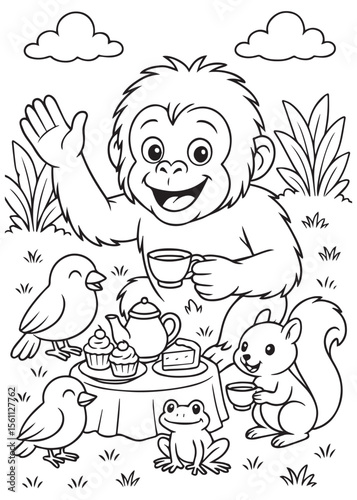Coloring book of baby orangutan having tea picnic with forest animals.