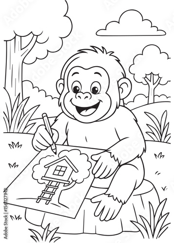 Coloring book of baby orangutan drawing a house on a large paper.
