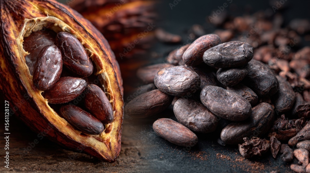 Obraz premium Cacao Beans and Pods Raw Cocoa Harvest Organic Chocolate Ingredients Close up of rich brown cocoa beans and a split pod