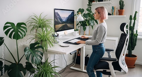 Wallpaper Mural Woman with pink hair works at a standing desk surrounded by indoor plants in a bright, minimalist office. Torontodigital.ca