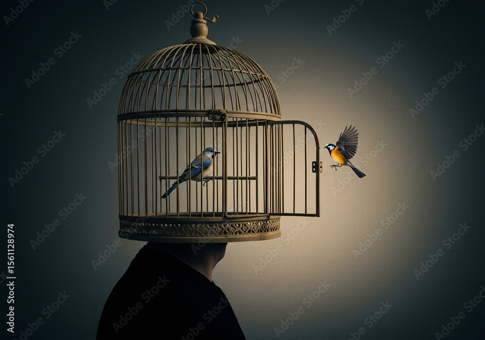 Naklejka premium Bird Cage on Mans Head Freedom Concept