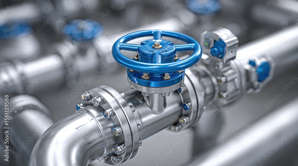 Industrial Steel Pipes and Blue Valve Close up Modern Manufacturing and Engineering Industrial Steel Pipes and Blue Valve Close up Modern Manufacturing and Engineering