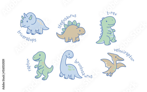 Cartoon dinosaurs Triceratops Stegosaurus Trex Raptor Brontosaurus and Velociraptor are displayed in a cute style
