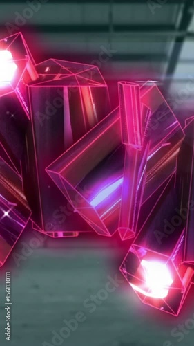 Animation of pink crystal shapes and copy space against empty warehouse