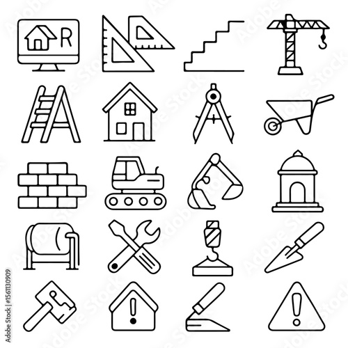 A collection of essential construction and building tools, meticulously illustrated. Providing a clear and informative visual representation of various tools used in construction.