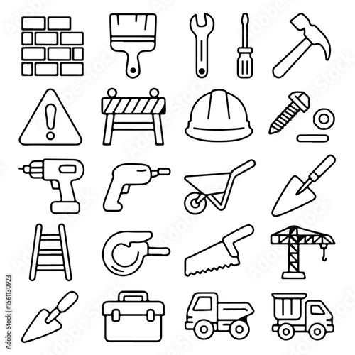 A collection of essential construction tools meticulously arranged, offering a detailed look at the equipment required for various construction tasks, a detailed black and white design.