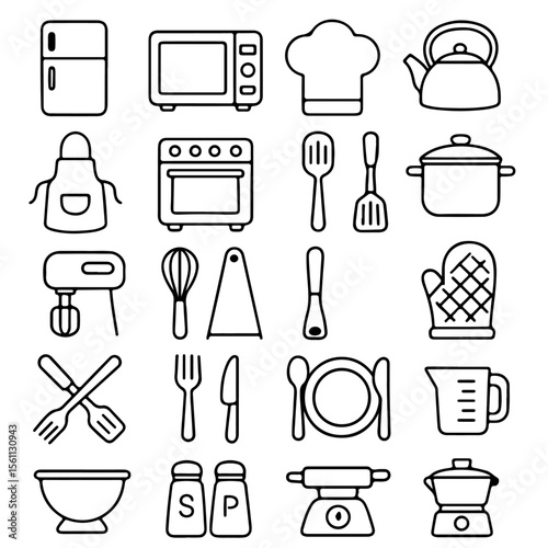 A visual collection of essential kitchen tools and appliances, perfectly illustrated to capture the heart of culinary preparation.