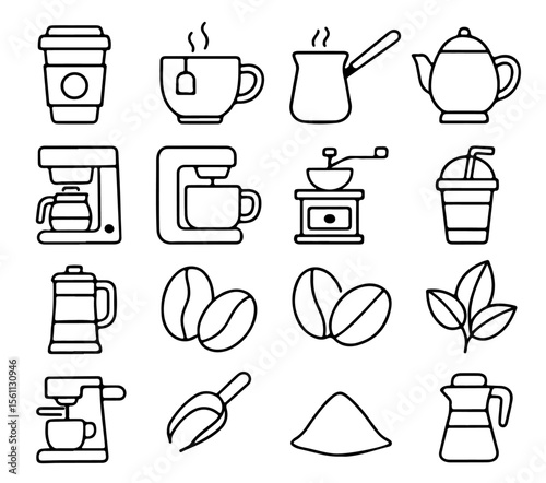 A collection of simple outline illustrations of various coffee and tea related objects, perfect for a cafe or beverage themed design. 
