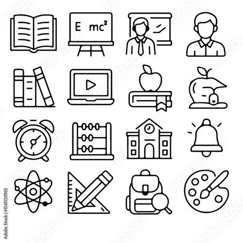 Education icons set, back to school, learning, knowledge, study, textbook, teacher, school building, apple, alarm clock, abacus, science, art, backpack, online learning,  e-learning