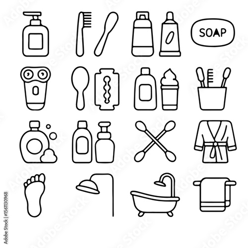 A set of elegant and minimalist icons depicting various essential bathroom and personal care items, perfect for design projects or informative visuals. 