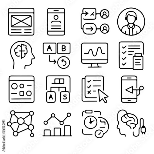 A set of sixteen web design and development line icons, offering a comprehensive visual guide for UI/UX processes.