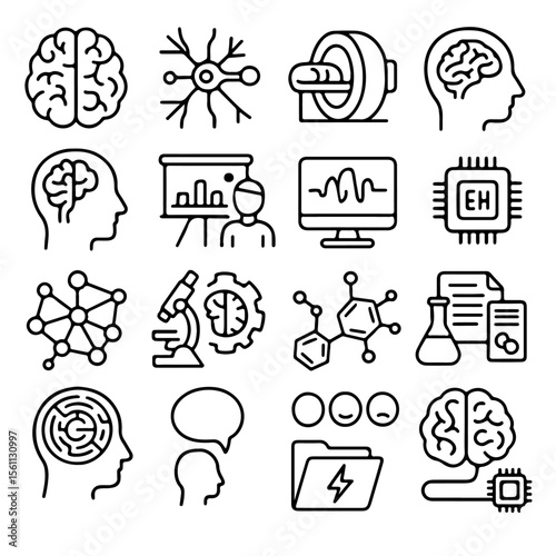 Neurology and Neuroscience Icon Set: A collection of brain, neuron, and technology icons illustrating the field of neurology and neuroscience.
