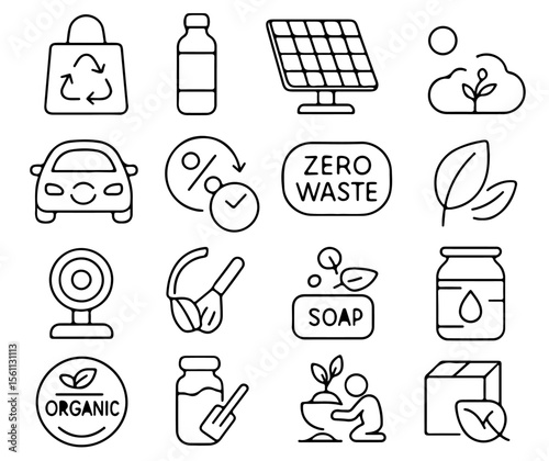 An array of minimalistic line drawings showcasing environmentally conscious living and sustainable practices. These designs, including recycling, renewable energy, zero waste.
