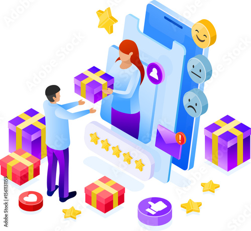 costumer service review isometric vector illustration