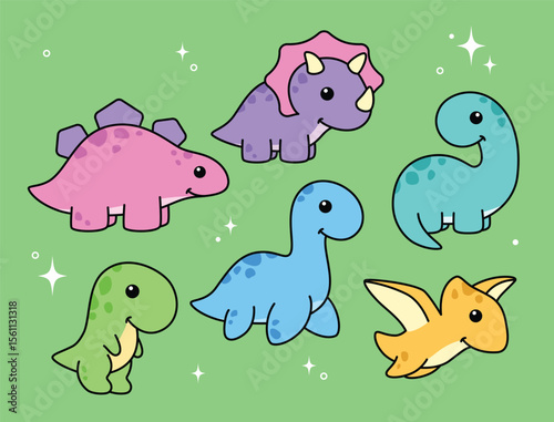 Six cartoon dinosaurs of different colors on a green background surrounded by stars and bubbles