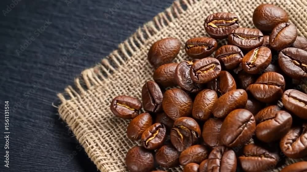 Close-up shot of roasted coffee beans scattered on burlap fabric against a dark textured background. The focus is on the rich brown beans and the natural texture
