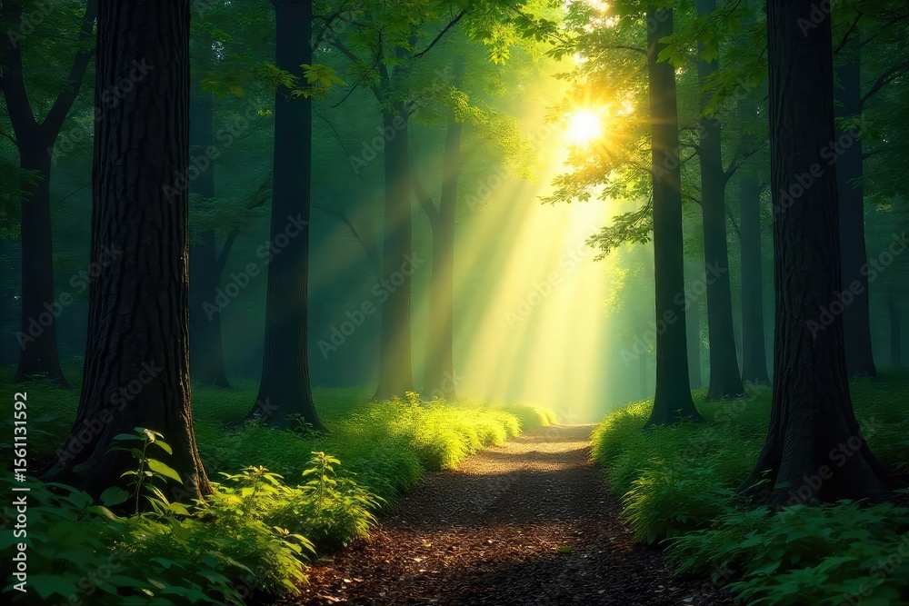 Obraz premium Sunbeams pierce the dense canopy of a lush forest, illuminating the path ahead, guiding the way through the trees The direction is unclear, yet the journey is inviting , way, summer, mystical