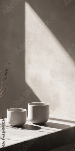 Two Minimalist Beige Ceramic Cups on a Ledge with Sunlight and Shadow