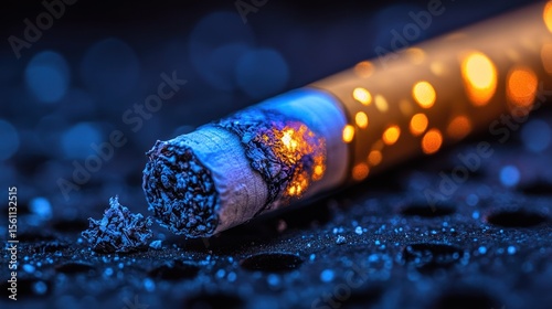 Close-up of a burning cigarette with glowing ember, resting on a dark metallic surface.