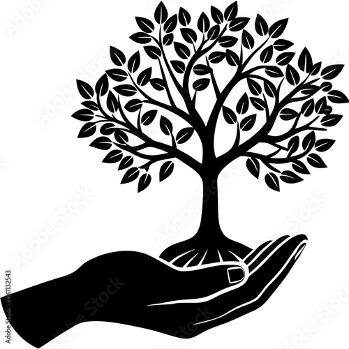 Black and white stylized illustration: Hand gently cradling a small sapling tree, symbolizing growth, protection, and environmental care.