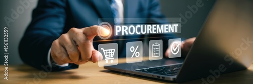 Businessperson interacts with procurement software on a laptop.