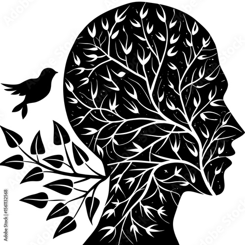 Monochromatic Linocut Illustration:  Profile of a Person with an Internal Tree, Bird, and Branching Foliage.
