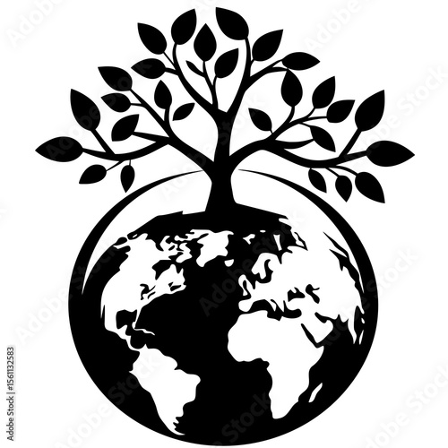 Monochrome Tree of Life Growing from Earth: Environmental Conservation Symbol