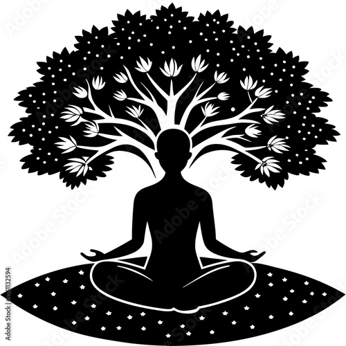 Serene Black and White Yoga Silhouette Meditating Under Tree of Life, Spiritual Wellness Concept