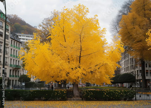 A photo of ginkgo trees in autumn, surrounded by beautiful building