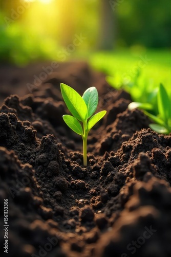Rich, dark soil freshly turned in a spring garden, ready for planting Sunlight warms the earth, revealing a texture of life and renewal , dirt, clay, closeup