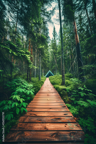  Scenic wooden path through lush green forest on a claudy day