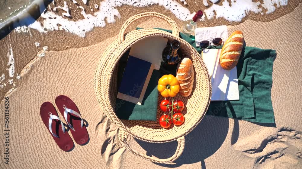 Wicker basket with tomatoes, peppers, bread, wine, book, sunglasses, flip flops and green towel on the beach, waves gently touching the sand