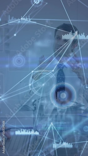 Animation of connected dots, loading circles, graphs over diverse coworkers sharing ideas in meeting