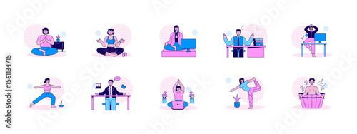Doing mediation and yoga practice. Meditation illustrations set. Flat vector illustration.