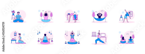 Doing mediation and yoga practice. Meditation illustrations set. Flat vector illustration.