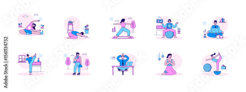 Doing mediation and yoga practice. Meditation illustrations set. Flat vector illustration.