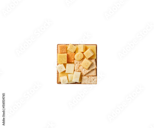 Top view of assorted cube shaped cheese snacks and crackers arranged on a wooden board for snacking