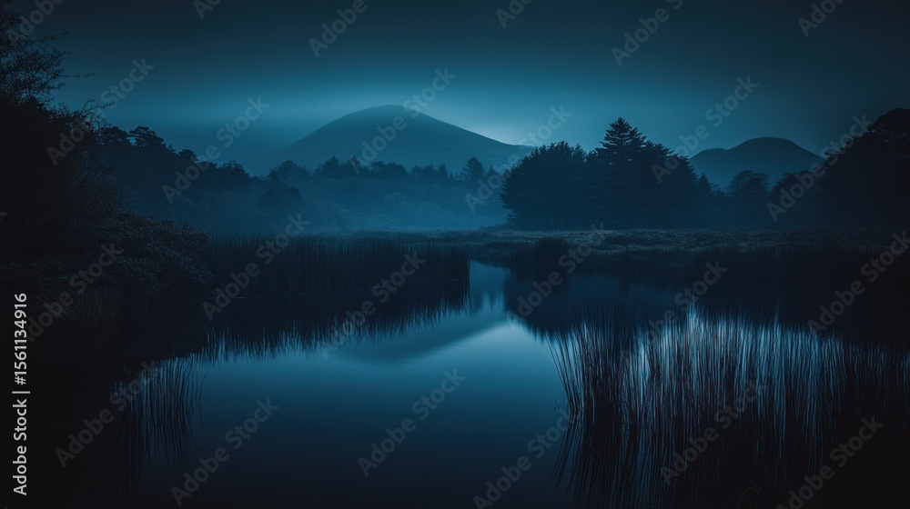Fototapeta premium Misty Mountain Lake at Dawn, Silhouettes and Reflections