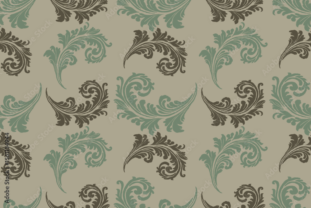 Fototapeta premium Seamless Vintage Damask Pattern with Elegant Baroque Acanthus Leaf Motifs in Green and Black on Beige Background, Classic Ornamental Design for Wallpaper, Fabric, Textile, and Luxury Home Decor