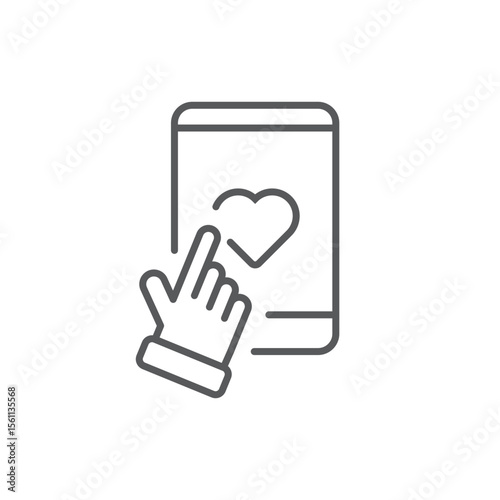 Line style icon of a hand tapping a heart on a smartphone screen, symbolizing mobile likes, app favorites, or social media engagement