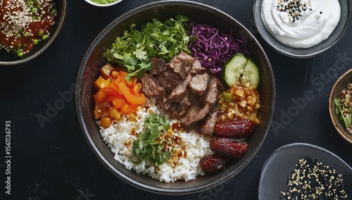 Colorful, hearty bowl features grilled meat, rice, and assorted vegetables