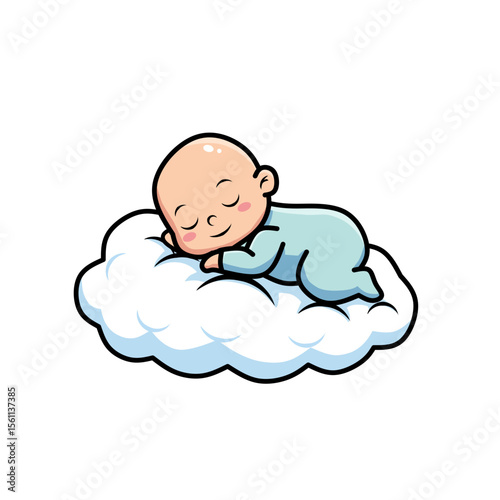Adorable cartoon baby peacefully sleeping on a soft white cloud. Cute infant in blue pajamas, representing innocence, comfort, and peaceful dreams in a dreamy sky setting